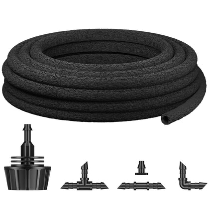 Pawfly 50ft soaker hose unrolling across a flower bed for even hydration.