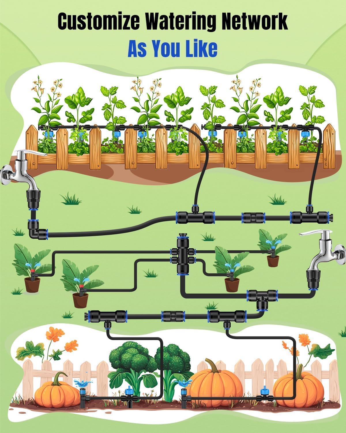 Pawfly drip irrigation extensions help reach distant garden beds