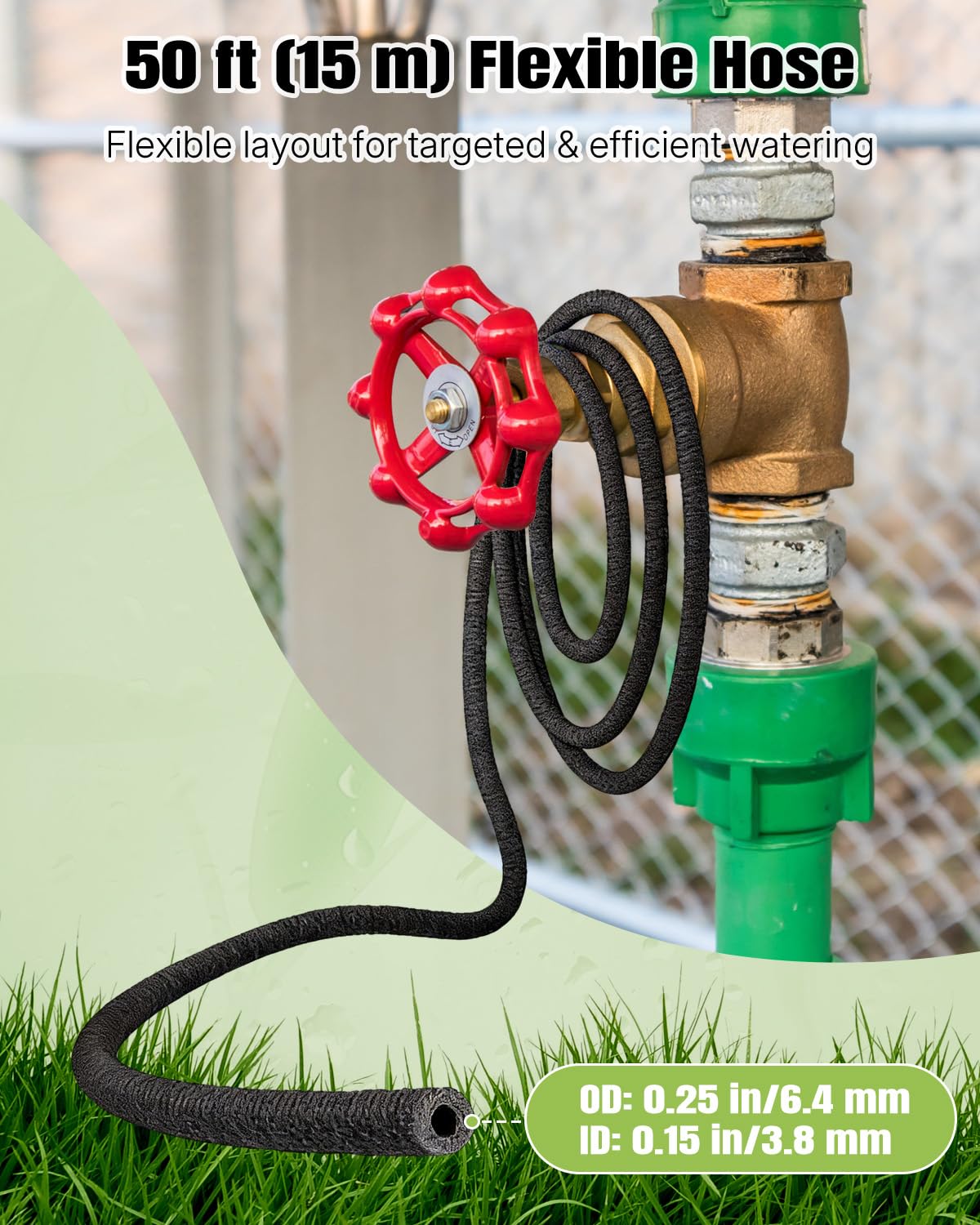 Pawfly flexible rubber drip hose laid along a garden bed for adaptable irrigation.