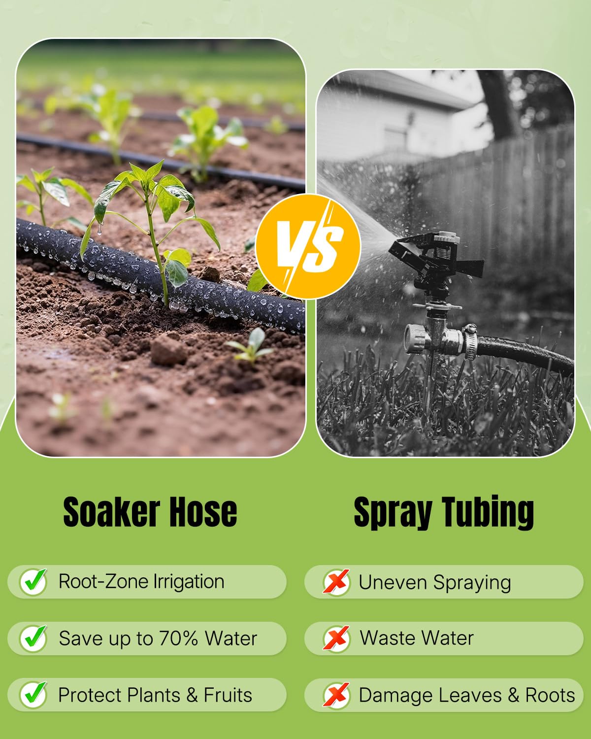 Pawfly porous hose watering root zone among vegetable rows.
