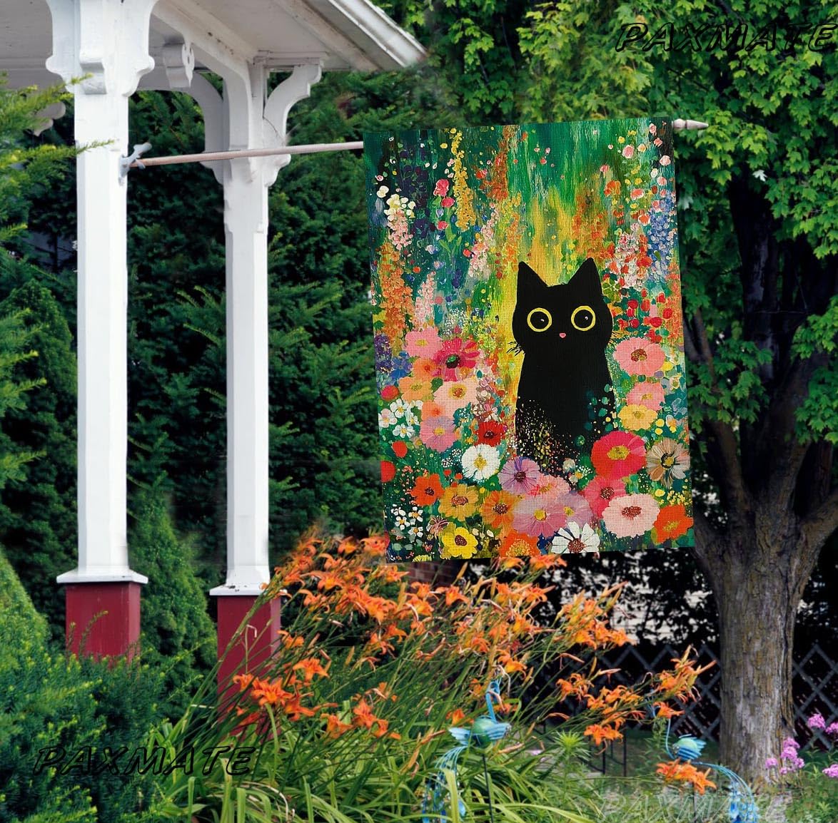 PAXMATE Black cat floral flag enhances garden entry and charm