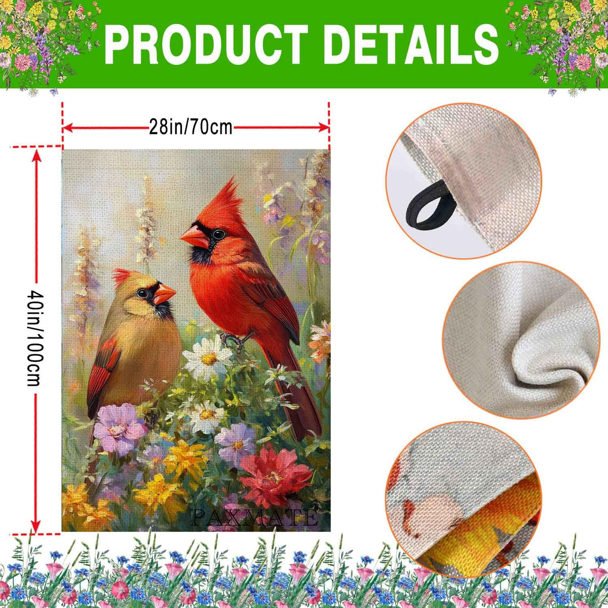 PAXMATE Spring Cardinal Flag burlap texture close-up highlights durable fabric and rustic charm