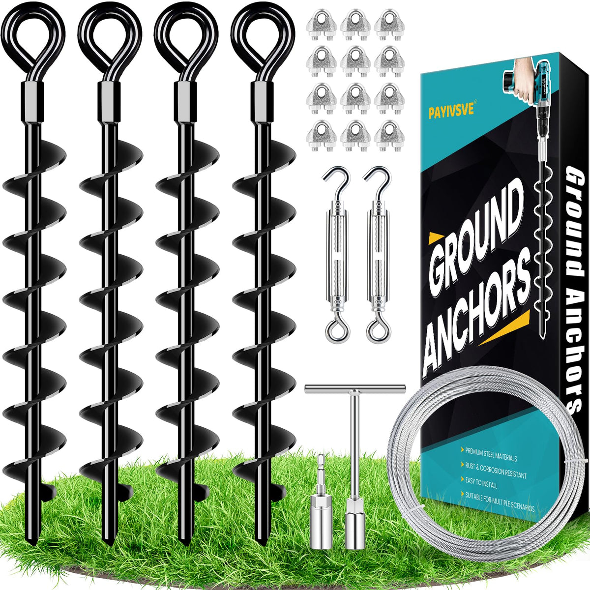 Payivsve ground anchors with spiral blades for strong soil grip and stability
