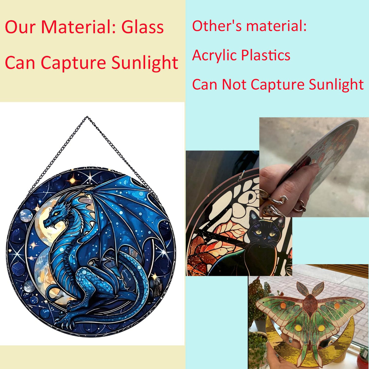 Payutou celestial dragon décor captures sunlight to create a colorful glow.