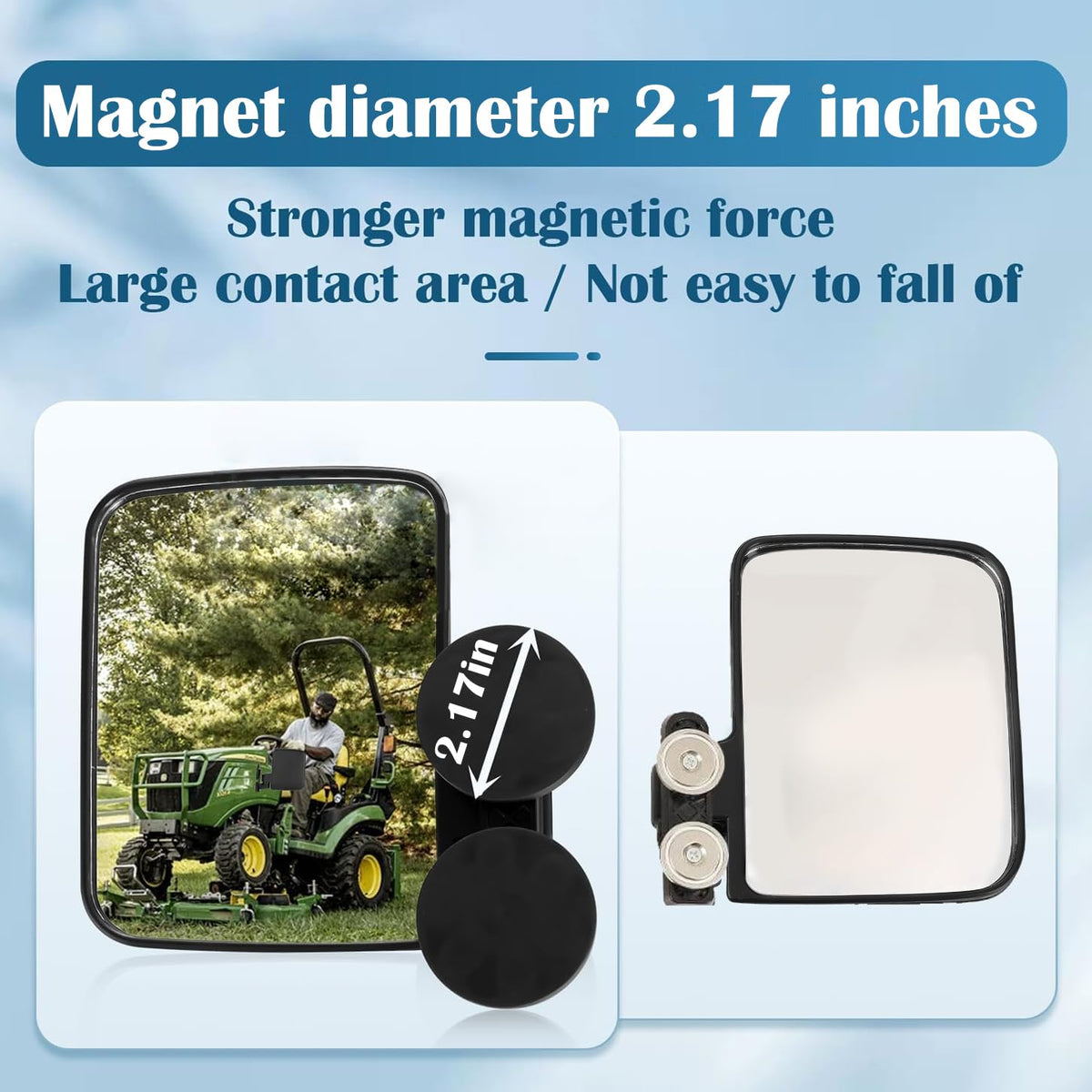 PBsee tractor mirror side view showing clear visibility and strong magnets