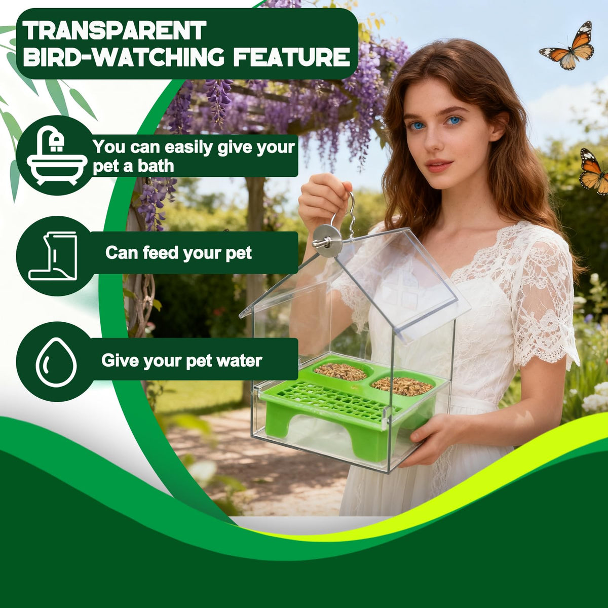 Pcmursal bird bath tub with clear view for observing bathing behavior