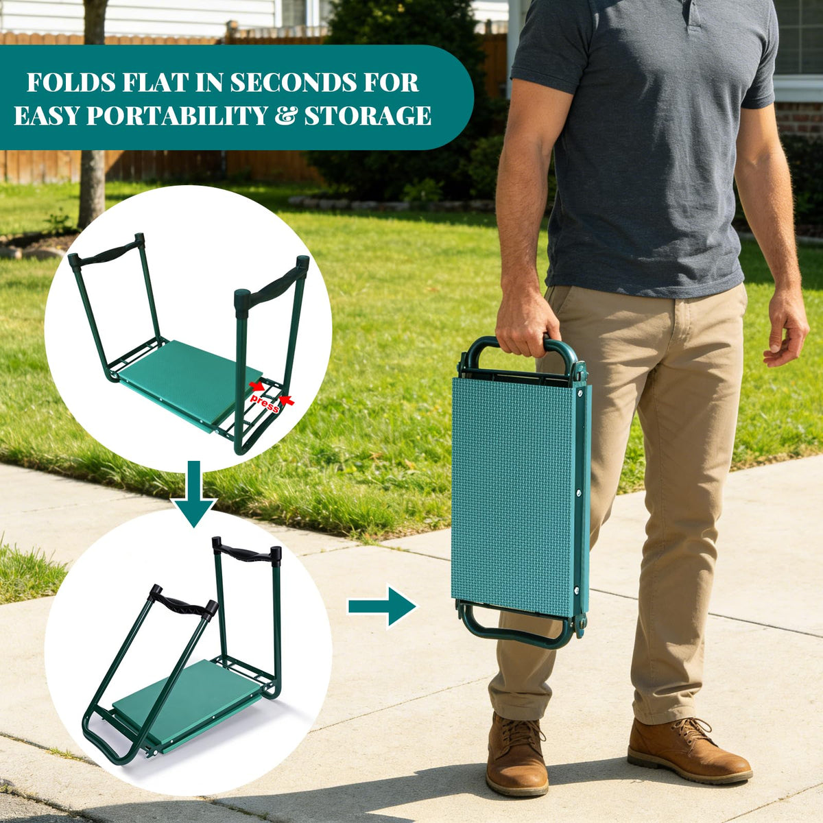 PEAKCLOUDS kneeler-seat folded for compact gardening use