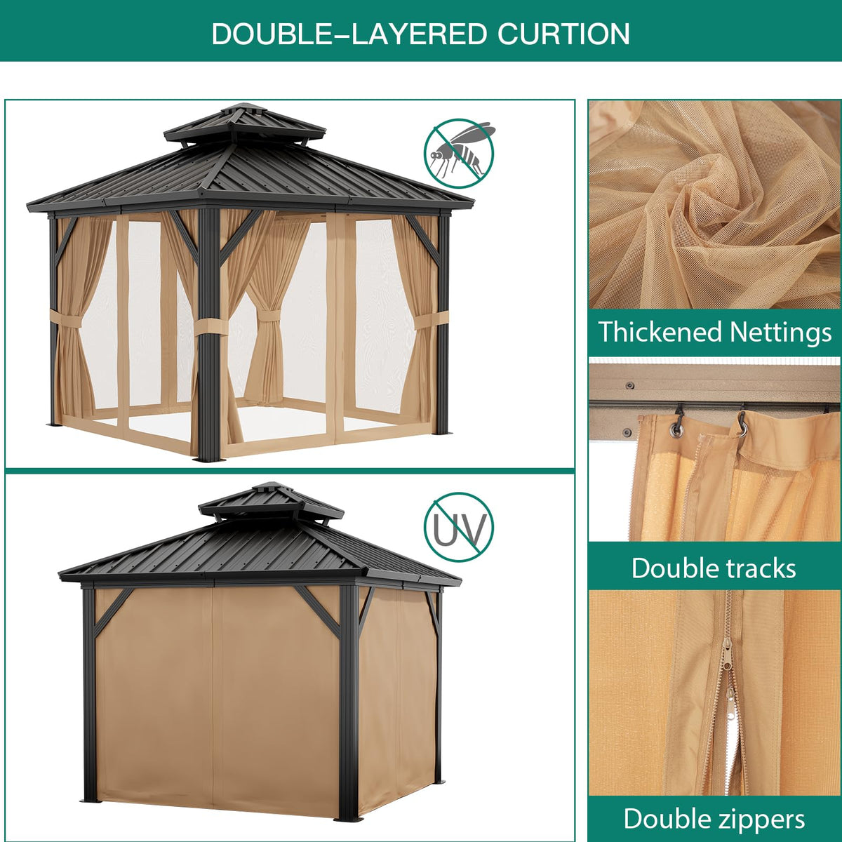 PeakPursuit 10x10 gazebo insect netting for breathable, bug‑free evenings.