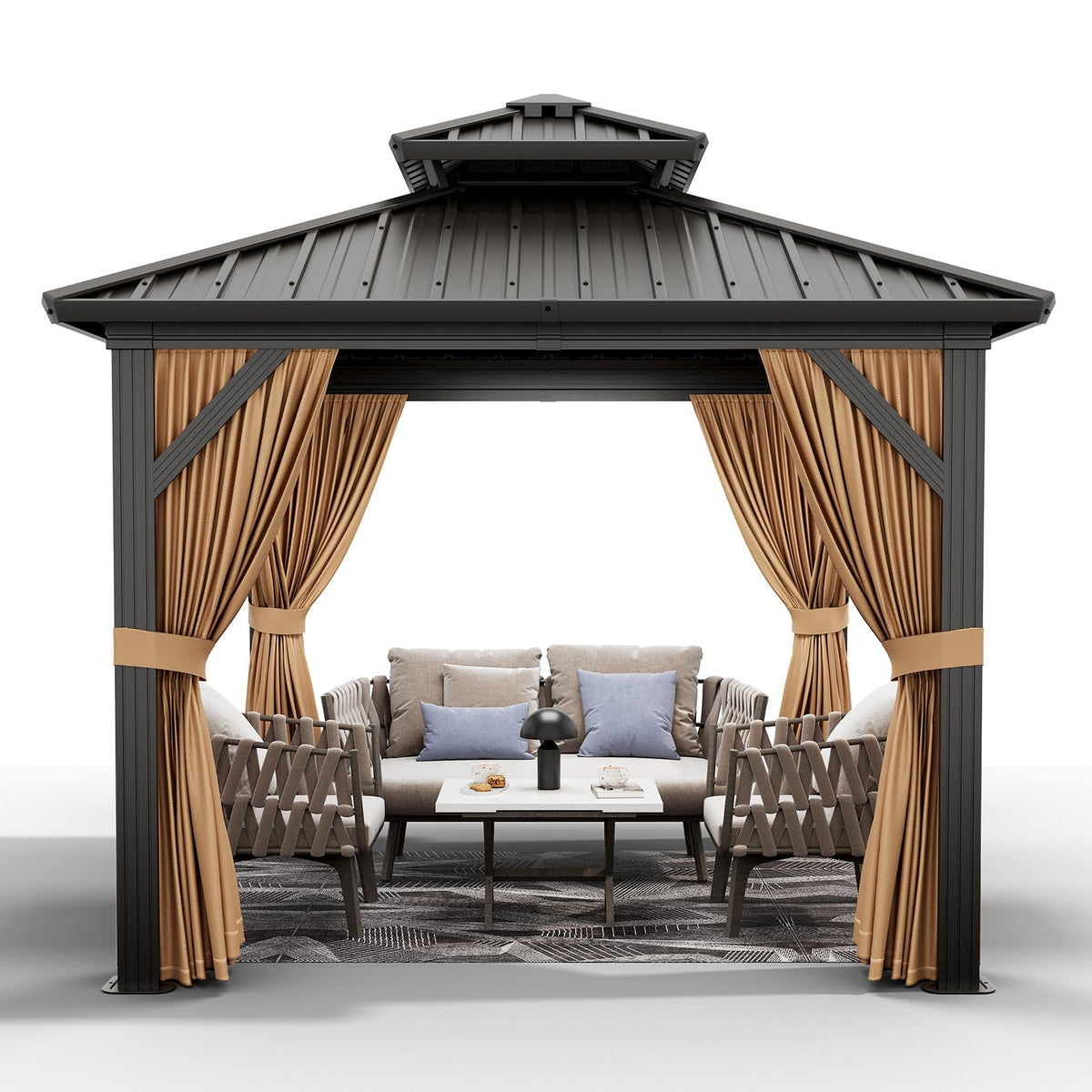 PeakPursuit 10x10 gazebo weatherproof tin roof protects against light rain.