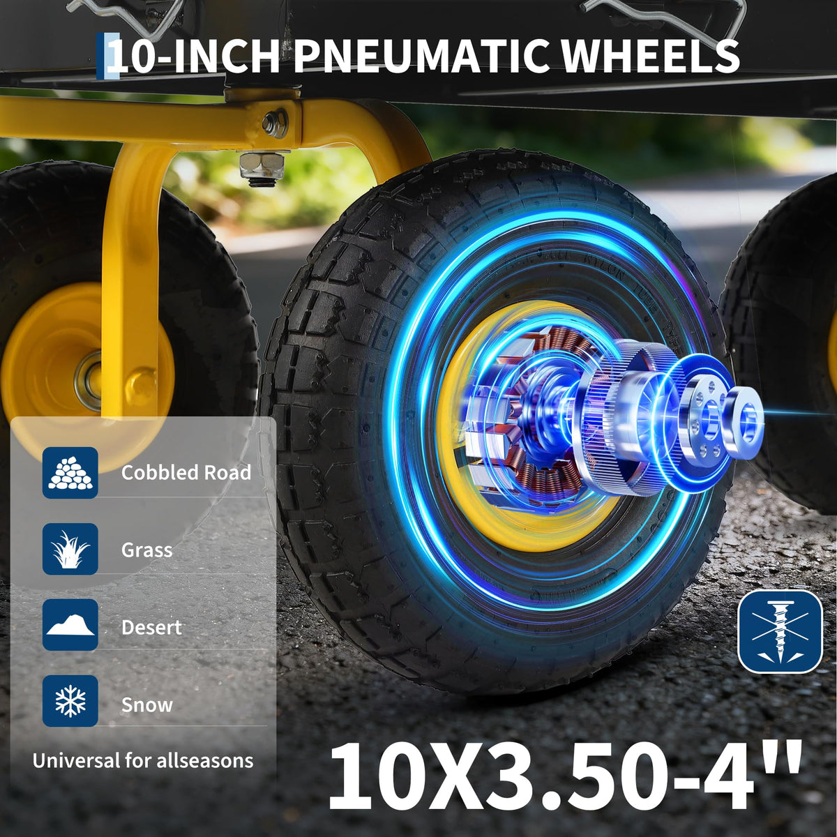 PeakPursuit 900lbs cart 10-inch tires glide over grass and mud.