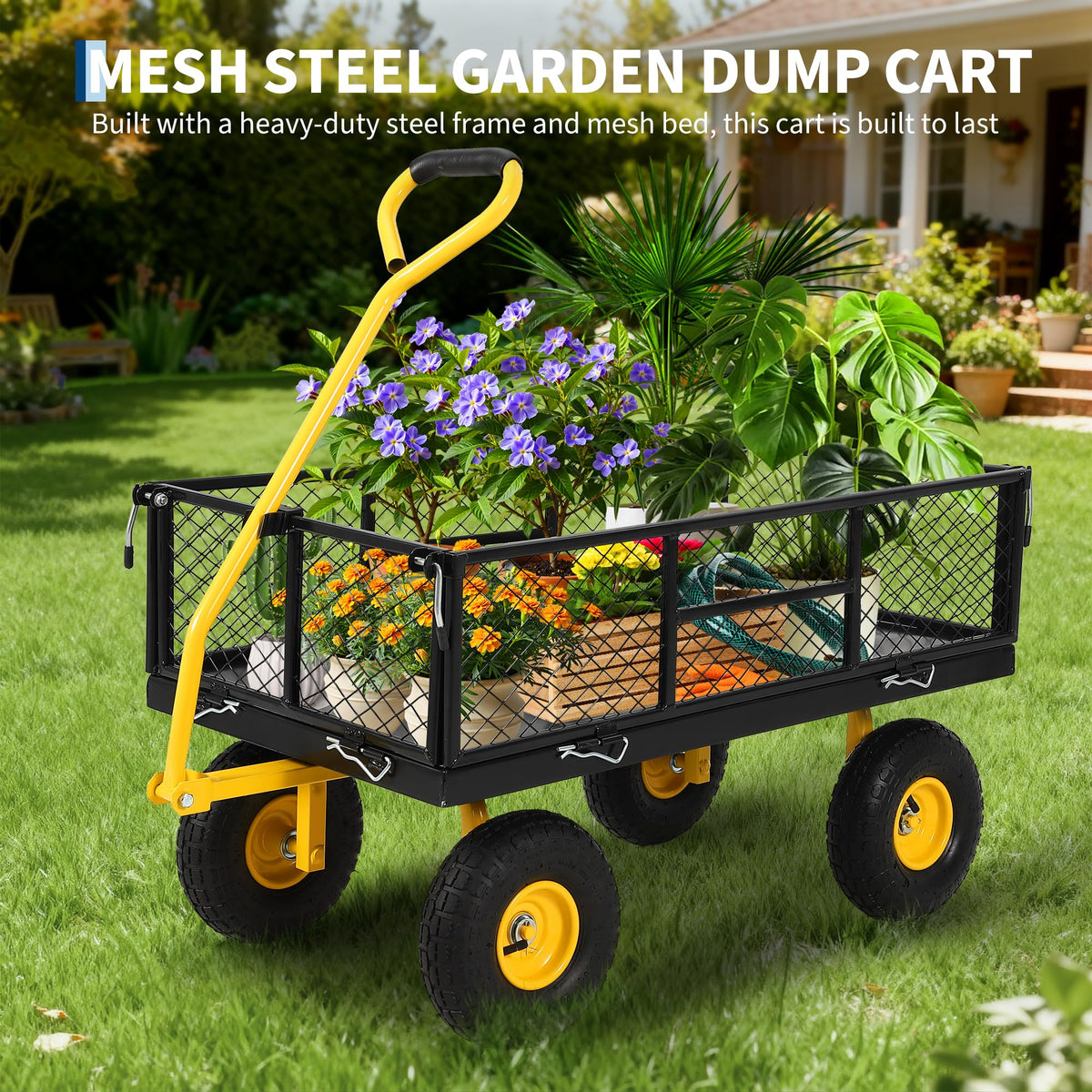 PeakPursuit 900lbs cart front view demonstrates stable design for soil and stone transport.