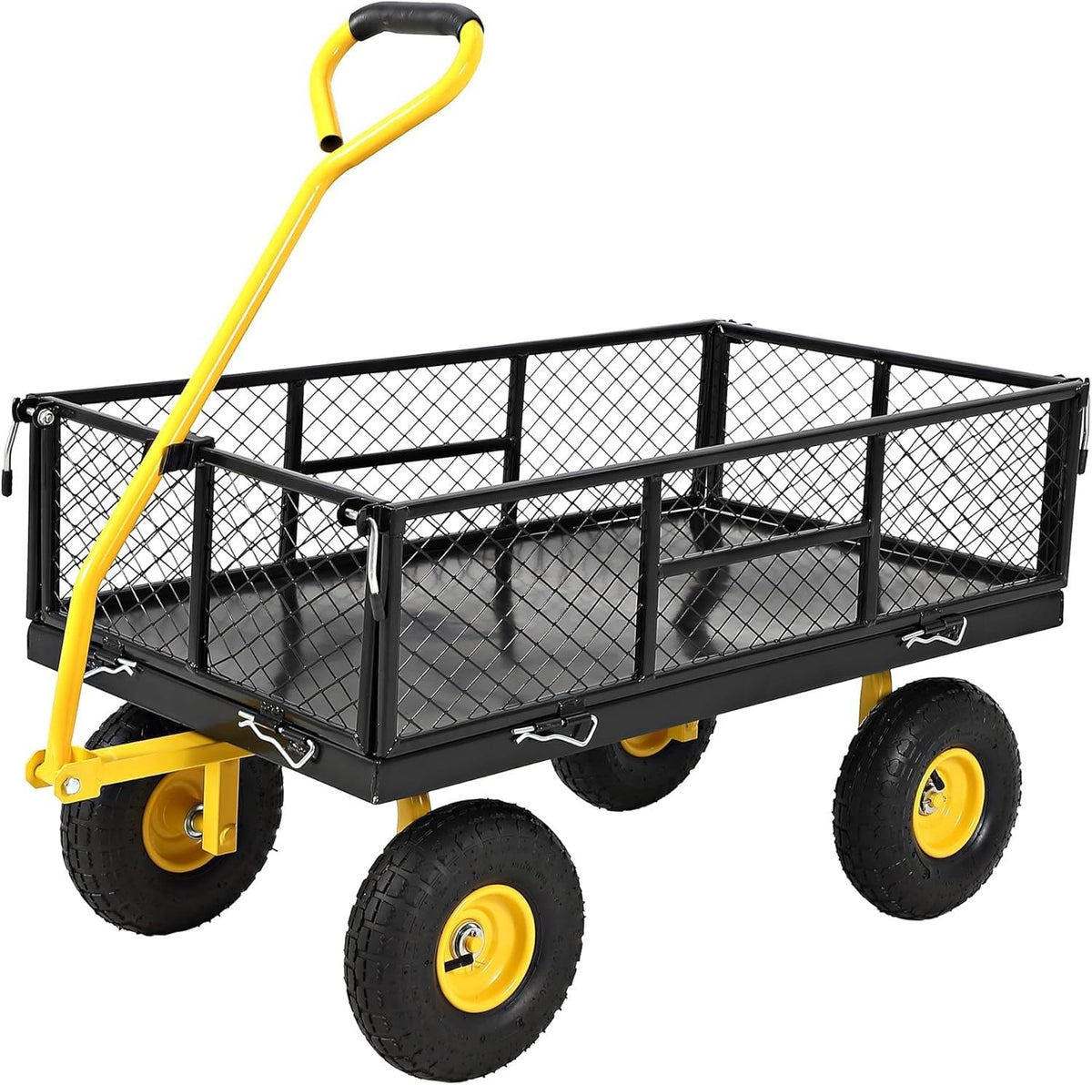 PeakPursuit 900lbs cart in garden setting handles mulch and soil efficiently.