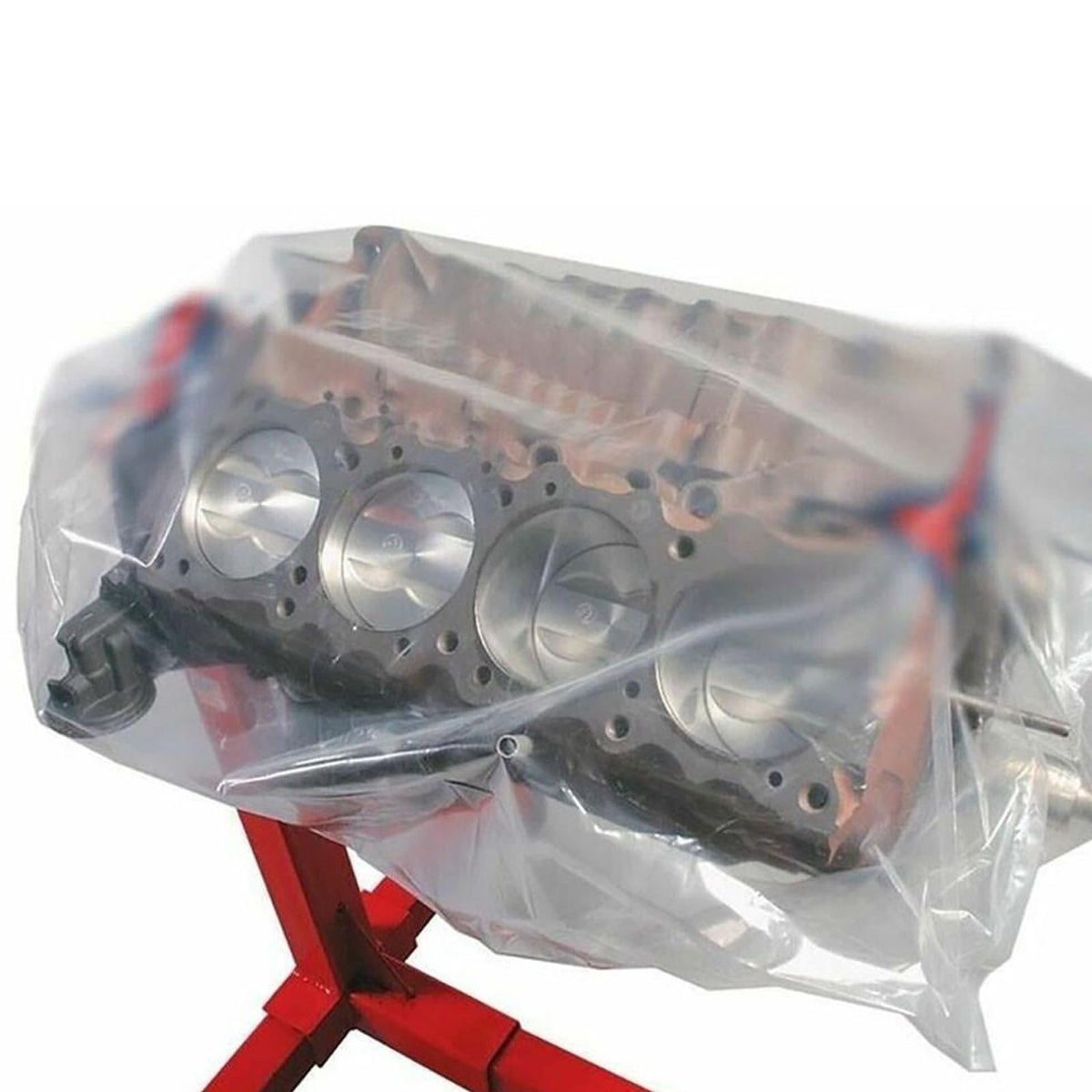 PeakRider clear engine bag cover in storage under shelf scenario