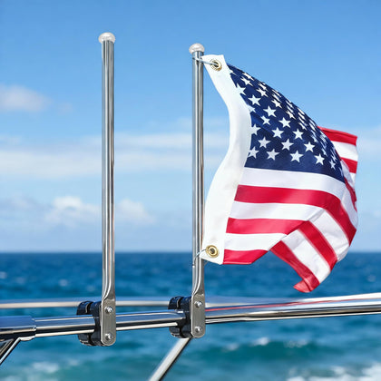 Pebbly Beach boat flag pole kit on deck, sturdy and ready for seafaring display.