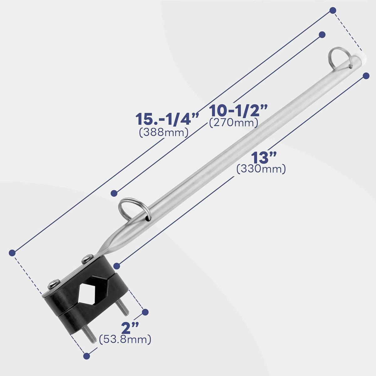 Stainless steel rail clamp by Pebbly Beach resists salt spray.