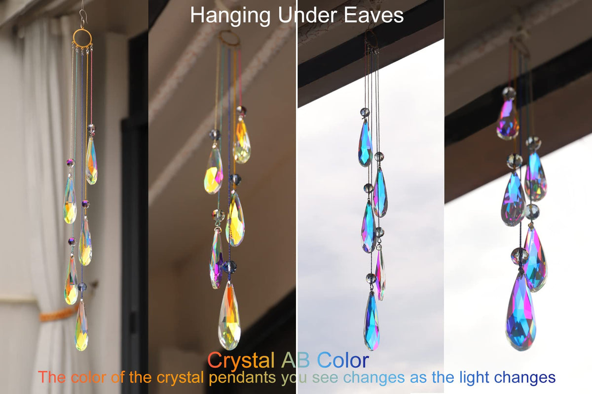 PEDOBO colored teardrop crystals showing changing light in natural sunlight.