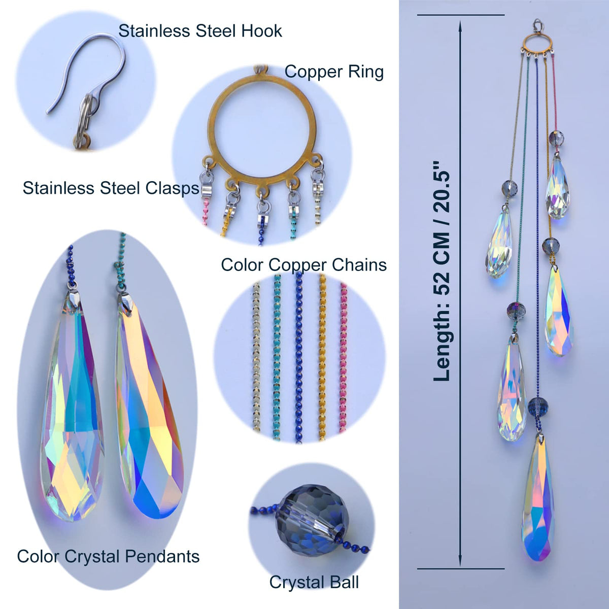 PEDOBO teardrop prisms rainbow chains catching light to create color bands.