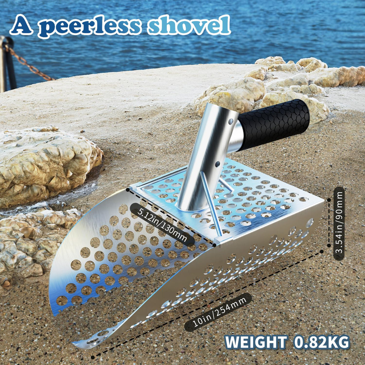 Peerless Shovel with green detector pinpointer helps quickly locate targets.