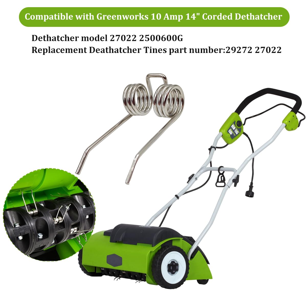 Stainless steel dethatcher tines resist rust and bending under tough yard work