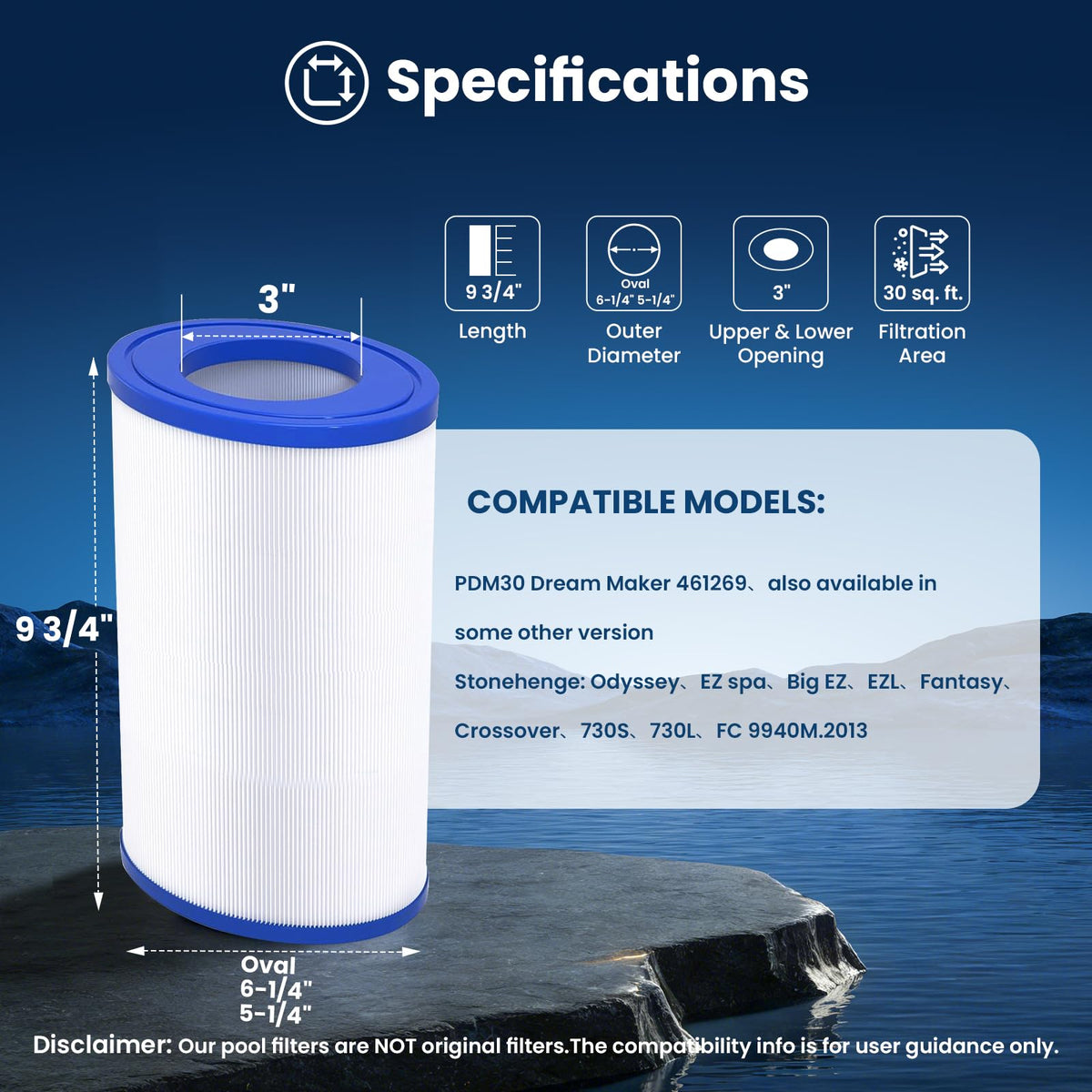 PELLUCID PDM30 oval spa filter side view showing durable construction.