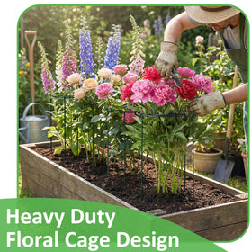 Pelopy green finish cages enhance landscape while supporting heavy vegetables.