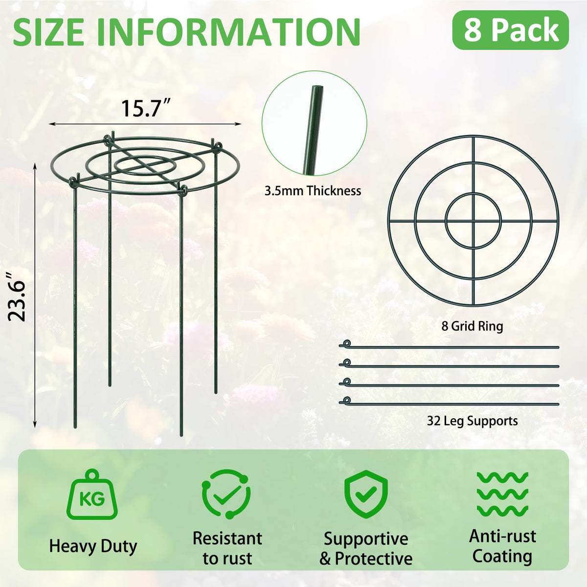 Pelopy green rust-resistant finish blends with greenery while protecting stems.