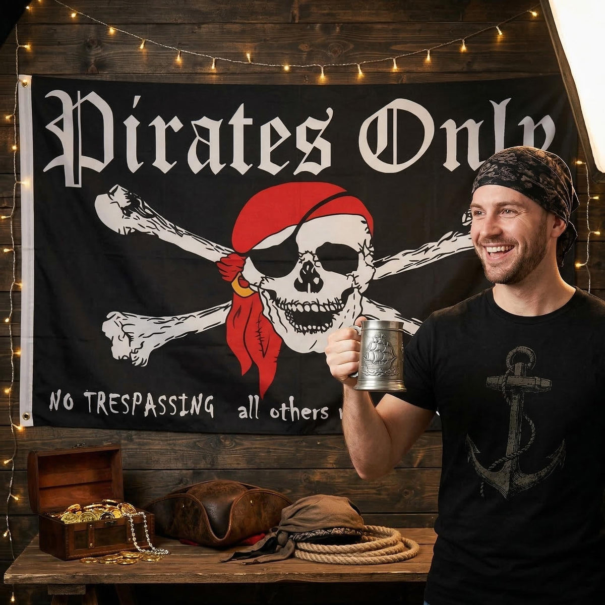 PennantHue pirate flag decor creates outdoor-ready party ambiance with fade-resistant colors.