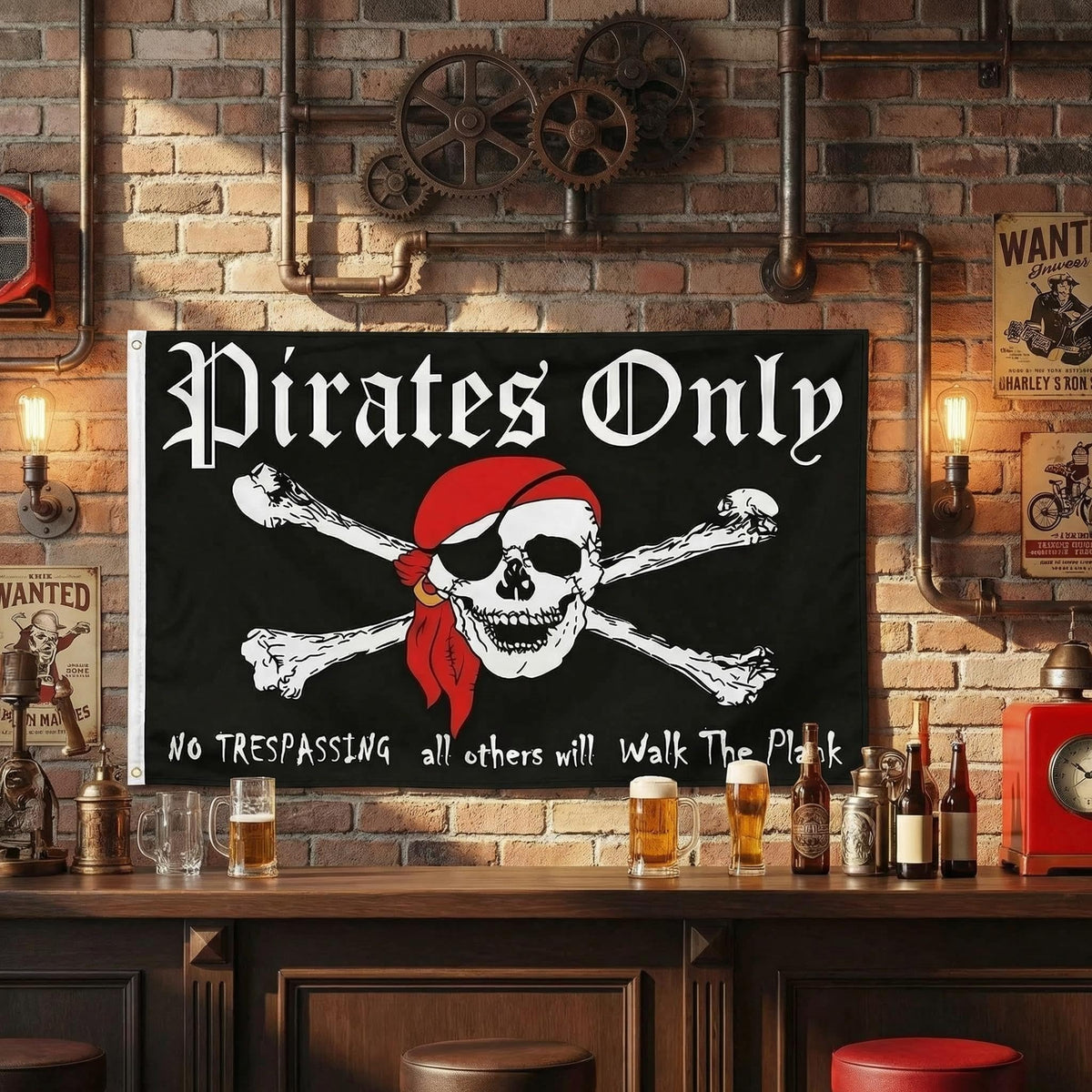 PennantHue pirates-only banner invites conversation in man caves and nautical spaces.