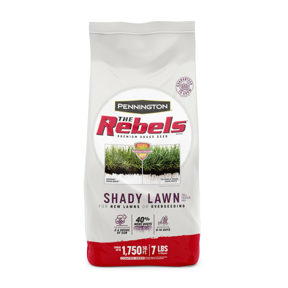 Pennington Rebels shady seed bag shows premium seed for low sun lawns