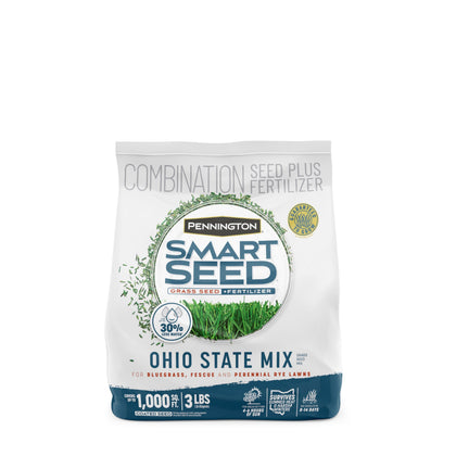 Pennington Smart Seed Ohio State Grass Mix bag closeup showing premium seed blend for fast establishment.
