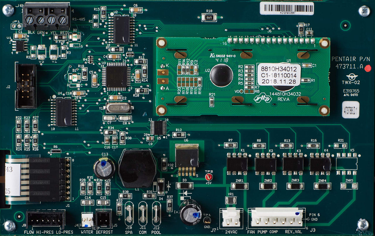 Direct replacement board for seamless Pentair heat pump upgrades.