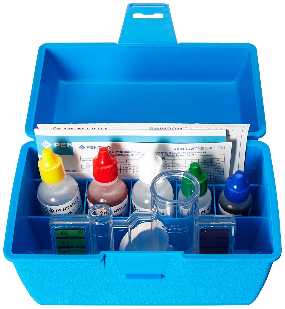 Detailed contents view of Pentair Pen Test Kit All in One 78HR R151186 for easy pool chemistry checks.