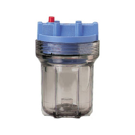 Pentek 158110 slim line housing in blue with clear sump for quick inspection.