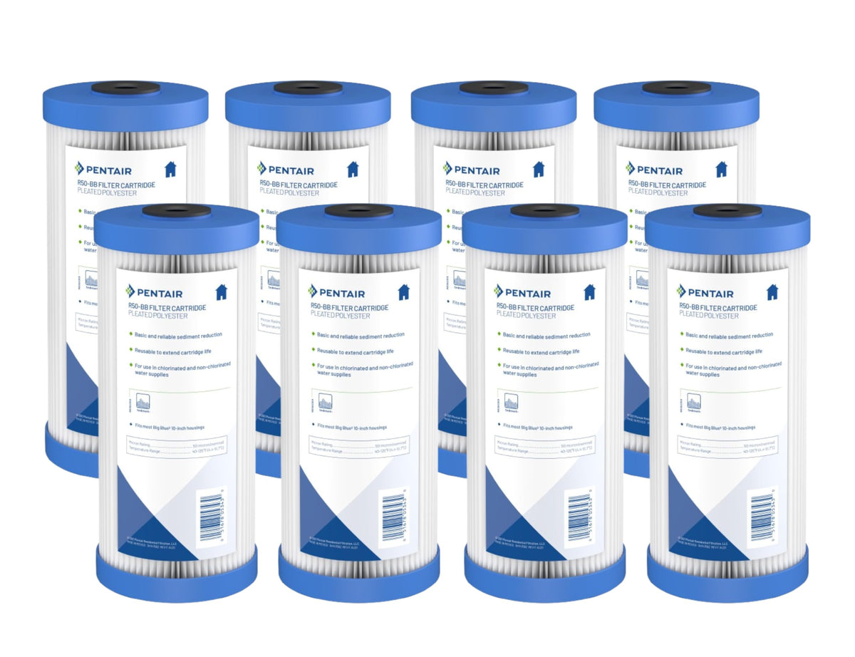 Pentek R50-BB Big Blue 10-inch sediment filter with high dirt-holding capacity.