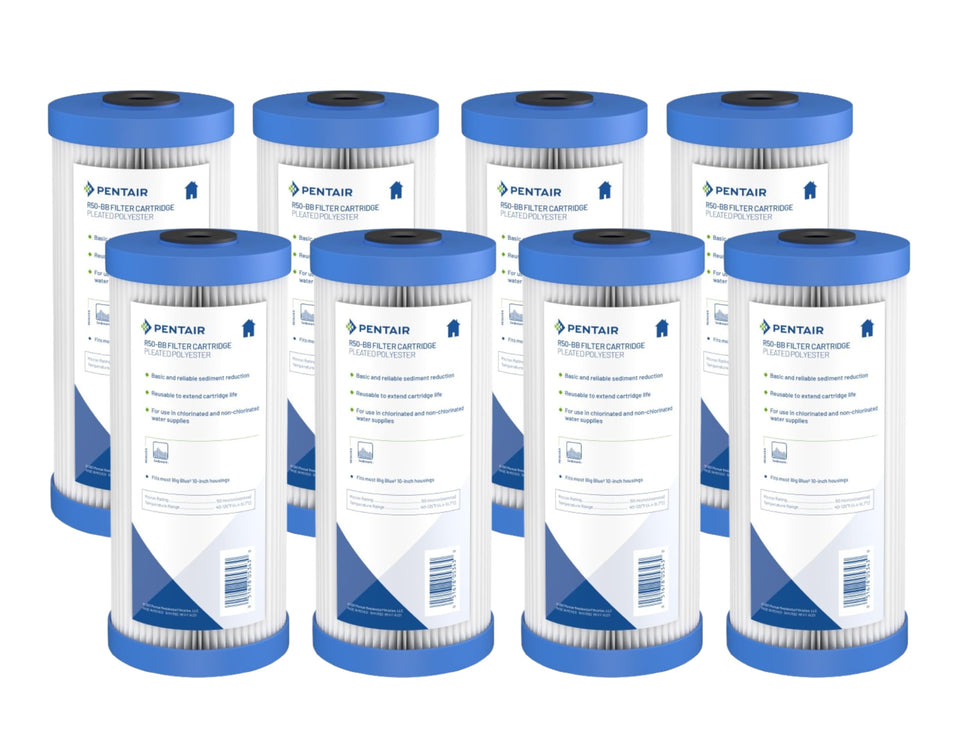 Pentek R50-BB Big Blue 10-inch sediment filter with high dirt-holding capacity.