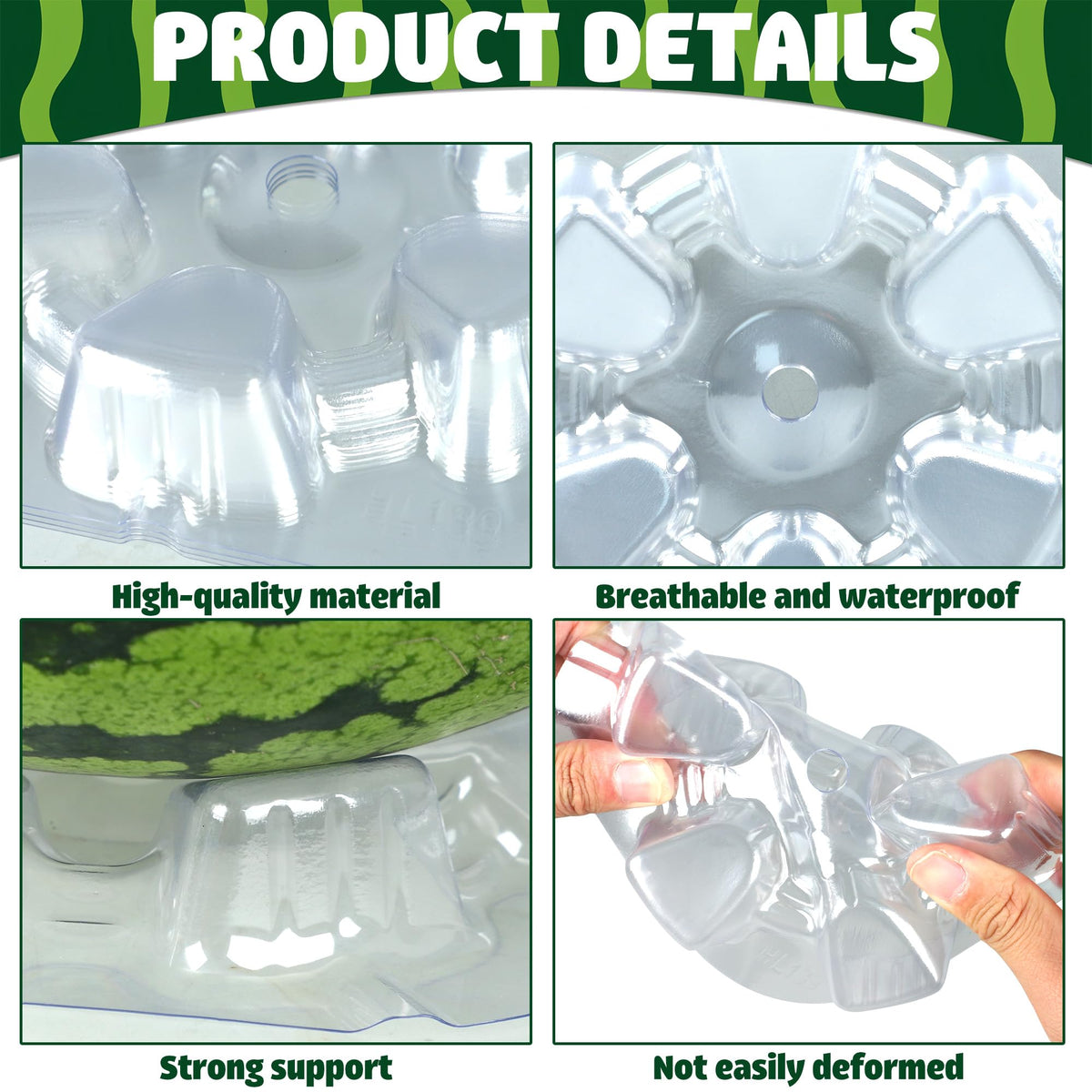 Peony Man clear melon cradle in garden shows 25 lb support capacity for larger fruits.