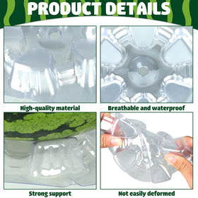 Peony Man clear melon cradle in garden shows 25 lb support capacity for larger fruits.