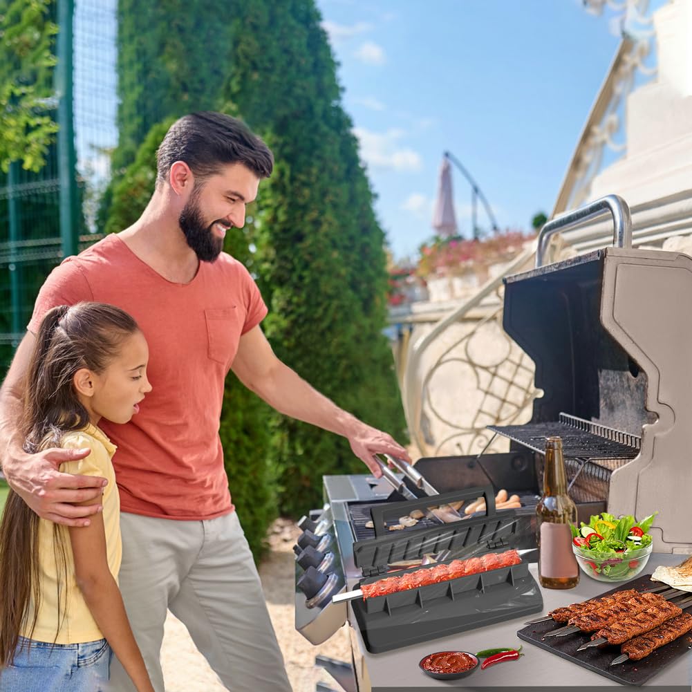 Peouwnes versatile kebab maker for meats, seafood, and sausages.