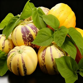 Pepino Melon fruits on vines, tropical harvest preview.