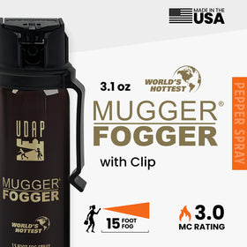 Pepper Power Mugger Fogger emits 20 one-second blasts in a fog cone.