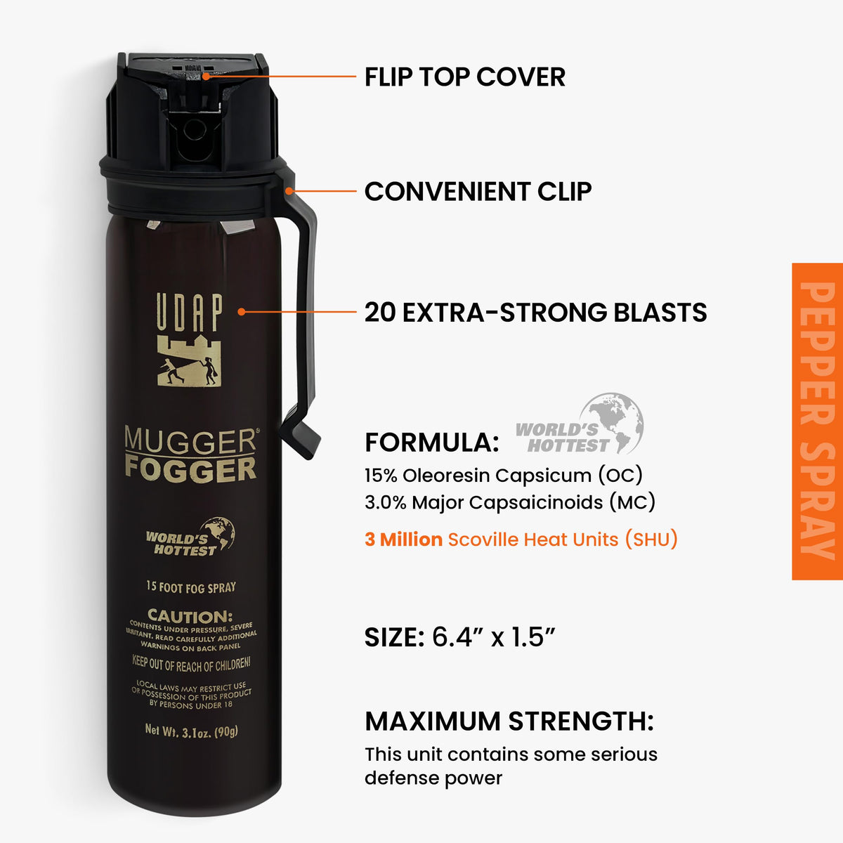 Pepper Power OC spray delivers dense fog deployment for broad-area coverage.