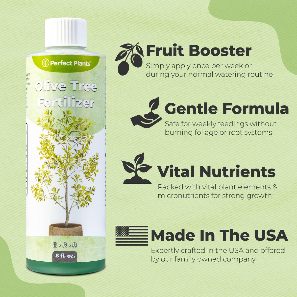 Perfect Plants indoor outdoor use fertilizer for real olive trees in pots or yards.