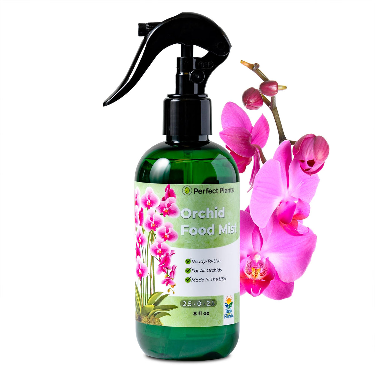 PERFECT PLANTS orchid fertilizer mist bottle for vibrant blooms and glossy leaves.