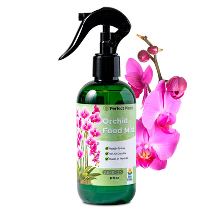 PERFECT PLANTS orchid fertilizer mist bottle for vibrant blooms and glossy leaves.