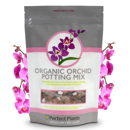 Perfect Plants Orchid Potting Mix front view, ready-to-use 1 quart bag for storage