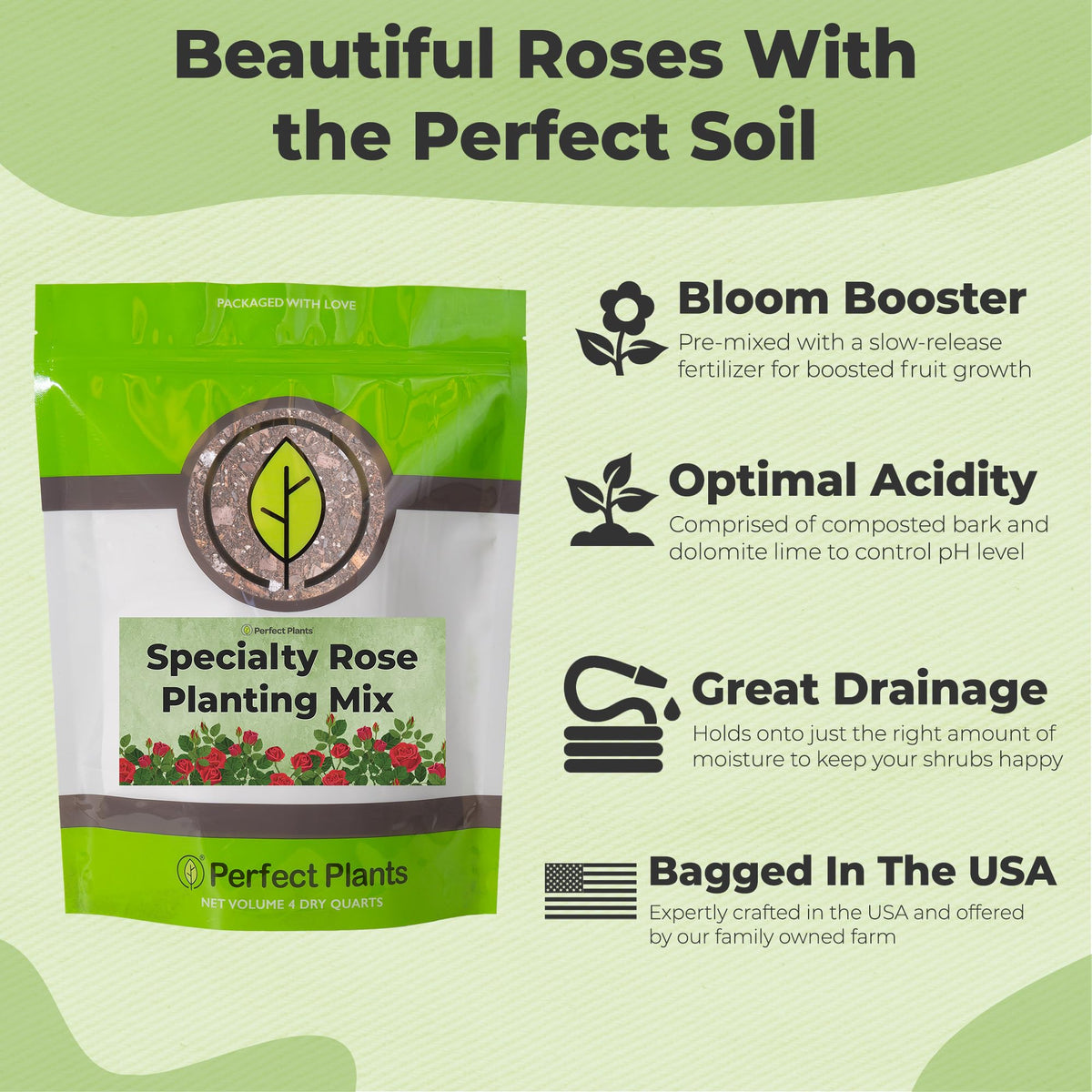 Perfect Plants rose planting mix with 18-6-8 fertilizer feeds roses over months.
