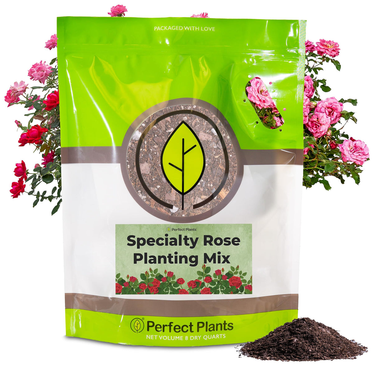 Perfect Plants Specialty Rose Potting Mix 8qt bag supports drainage for healthier roses.