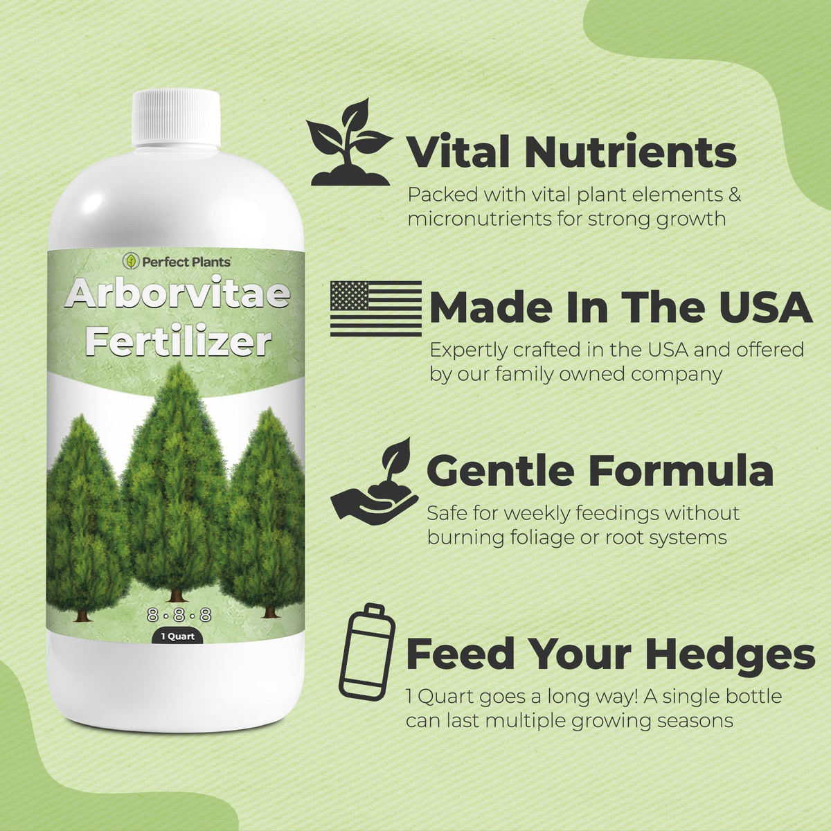 USA-made Perfect Plants arborvitae fertilizer backed by family farm expertise.