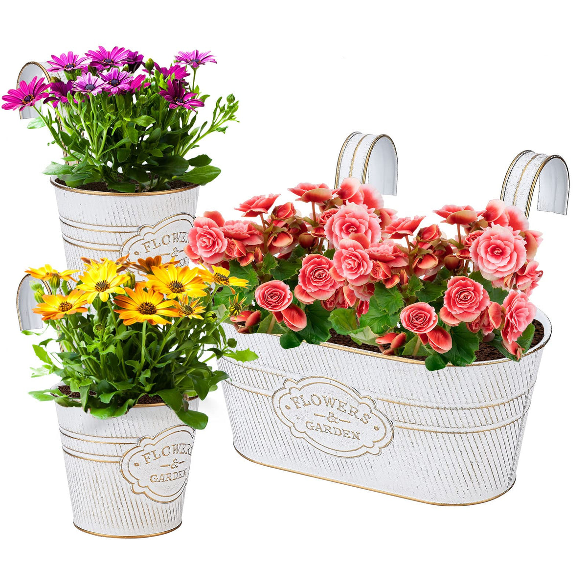 PerGar 3-pack railing planters on a white rail, ideal for compact balcony gardening.