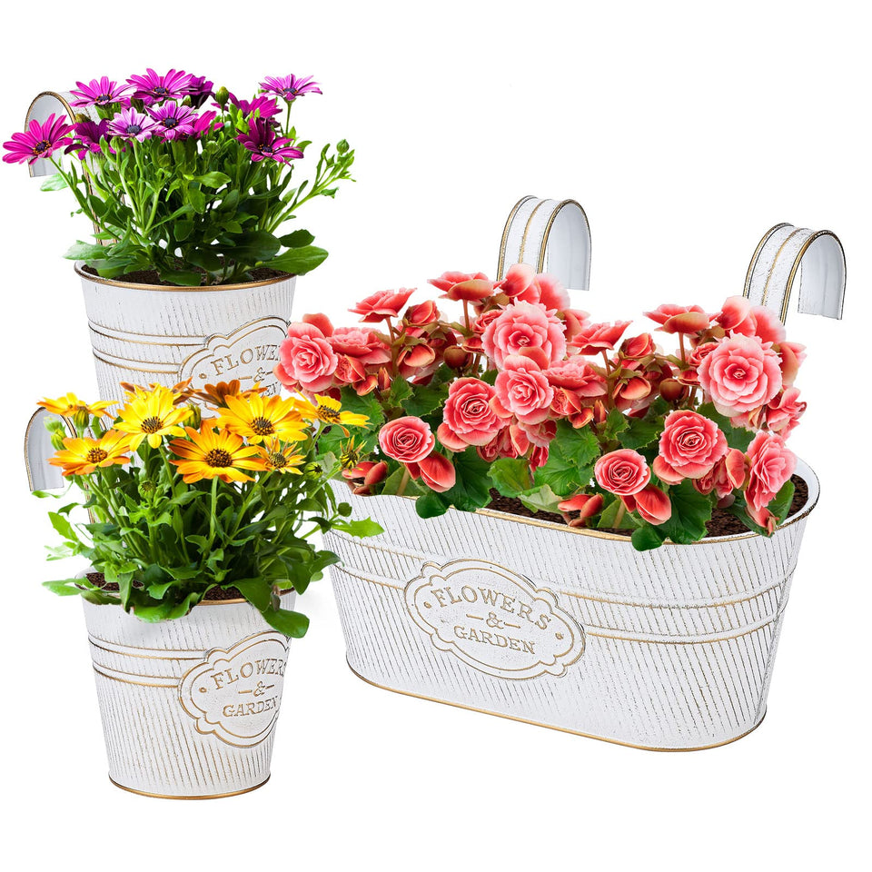 PerGar 3-pack railing planters on a white rail, ideal for compact balcony gardening.